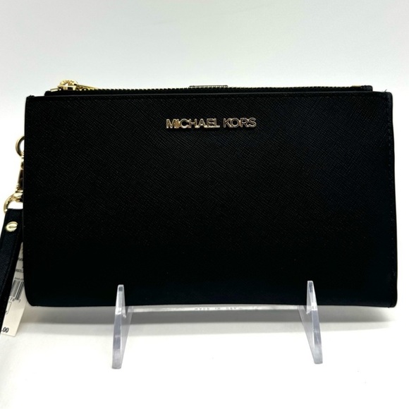 Michael Kors Large Double Zip Wallet Black/Gold - Picture 1 of 7
